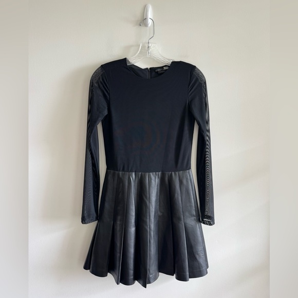 Alice + Olivia Mesh Sleeve Vegan Leather Pleated Mini Dress - Picture 6 of 13